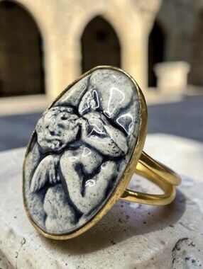 18k Gold Plated Artisan High Relief Porcelain Cherub Ring